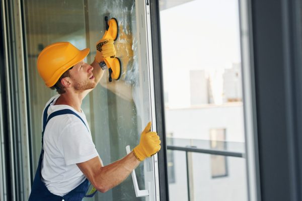 In protective hard hat. Young man working in uniform at construction at daytime.